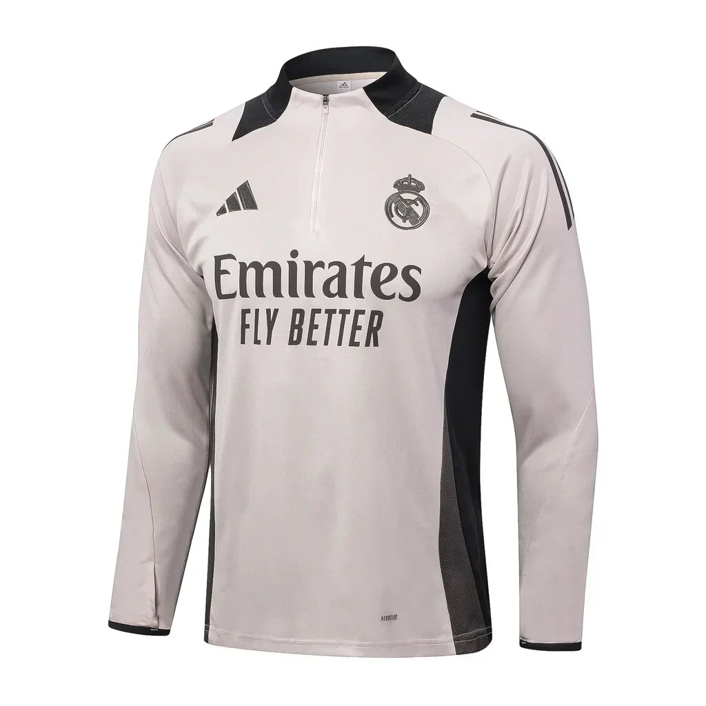 Conjunto Real Madrid Zíper Curto Treino Bege e Ciano 2024/25