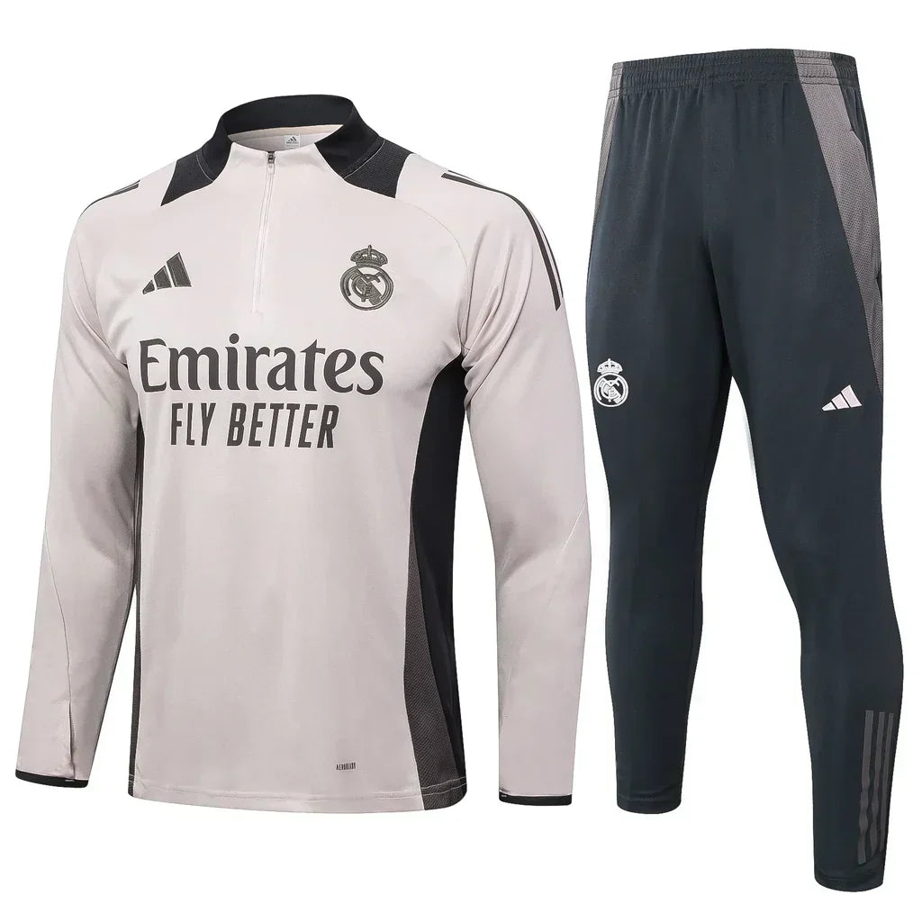 Conjunto Real Madrid Zíper Curto Treino Bege e Ciano 2024/25