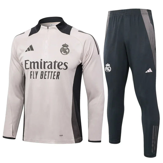 Conjunto Real Madrid Zíper Curto Treino Bege e Ciano 2024/25