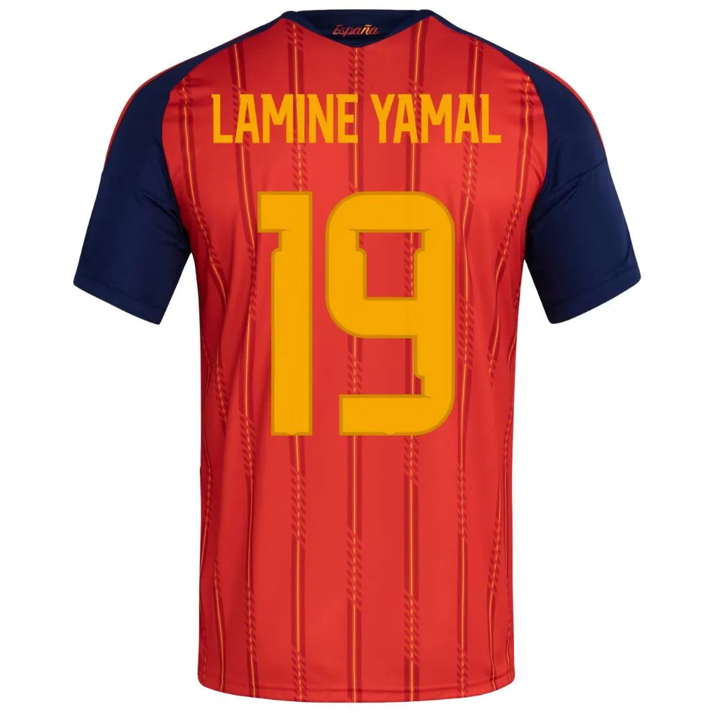 Camisa Masculina Espanha Home 2026 Campeã do Mundo com duas estrelas vista traseira personalizada com nome Lamine Yamal e número 19.