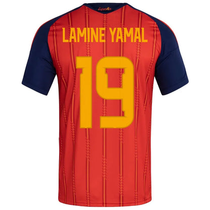 Camisa Masculina Espanha Home 2026 Campeã do Mundo com duas estrelas vista traseira personalizada com nome Lamine Yamal e número 19.