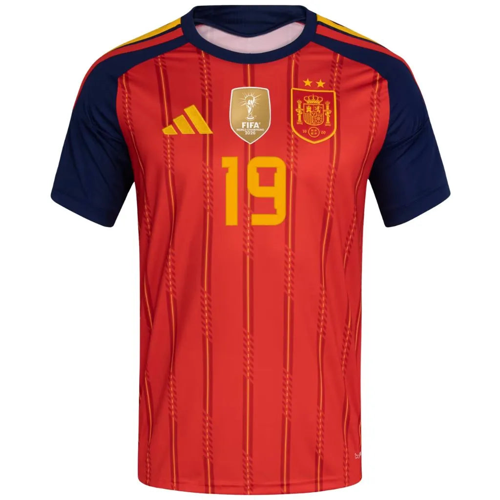 Camisa Masculina Espanha Home 2026 Campeã do Mundo com duas estrelas vista frontal com patch personalizada com número 19 do Lamine Yamal.