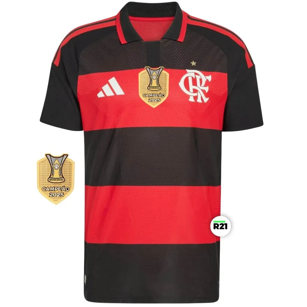 Camisa Flamengo Authentic 2026 modelo jogador Adidas frente com patch do título do Brasileirão 25