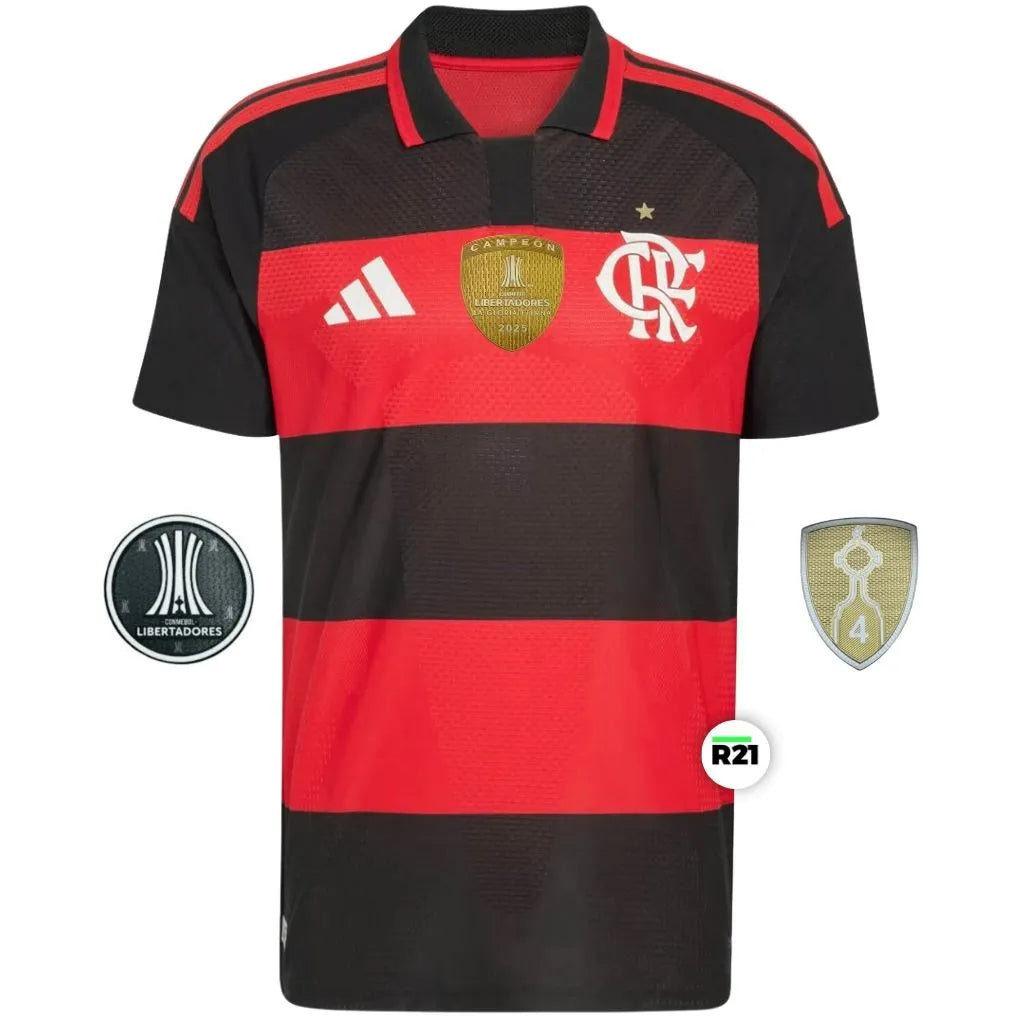 Camisa Flamengo Authentic 2026 modelo jogador Adidas com patchs do título da Libertadores 25